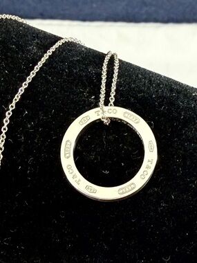 TIFFANY & CO. Sterling Silver T & Co. 1837 Etched Circle Pendant Necklace w/ COA